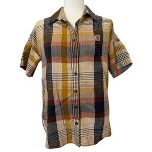 Carhartt Plaid Button Up Shirt XS Short Sleeve Workwear Brown Tan